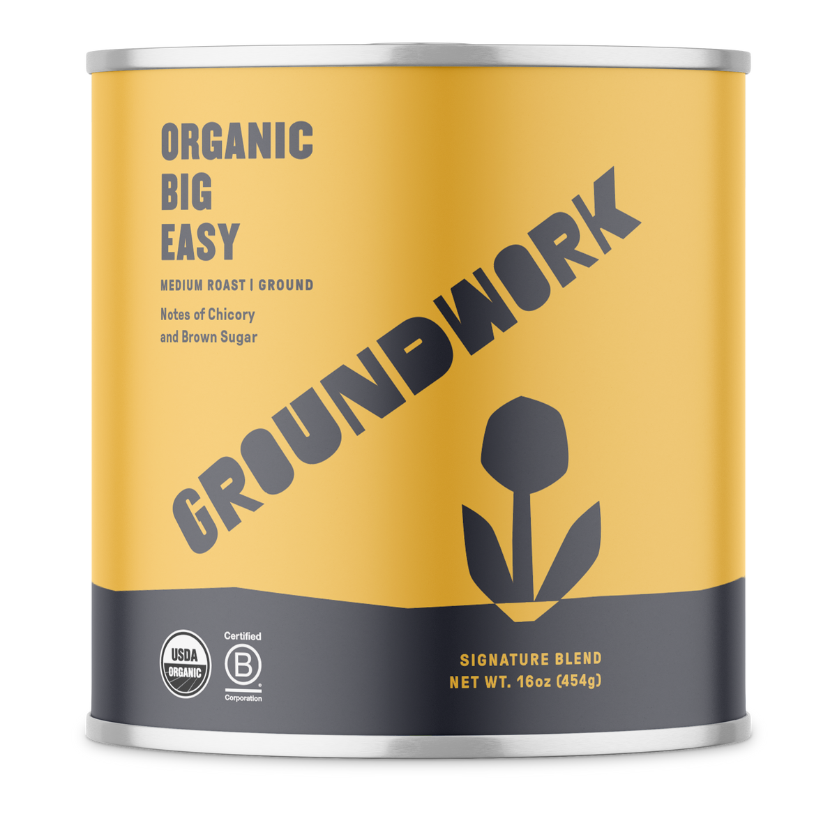 A yellow can of Groundwork Coffee Stores Big Easy ground coffee with chicory, flower graphic, and certification logos on the front.