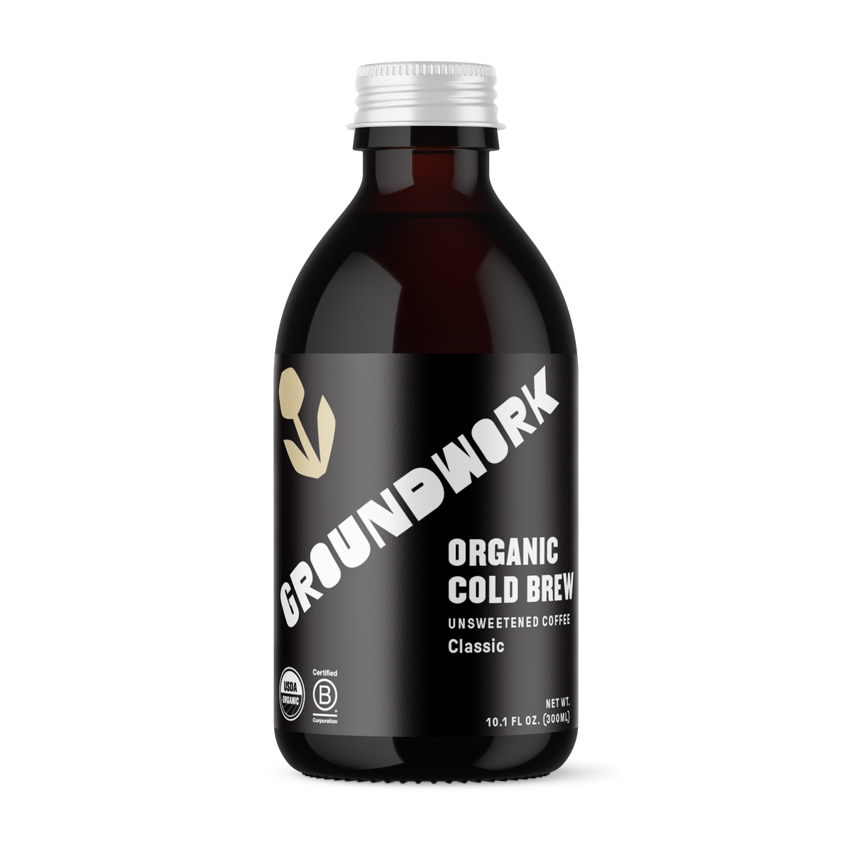 A dark brown bottle of Groundwork Coffee Co Organic Classic Cold Brew, unsweetened with a black label and white text, is shown against a black background.