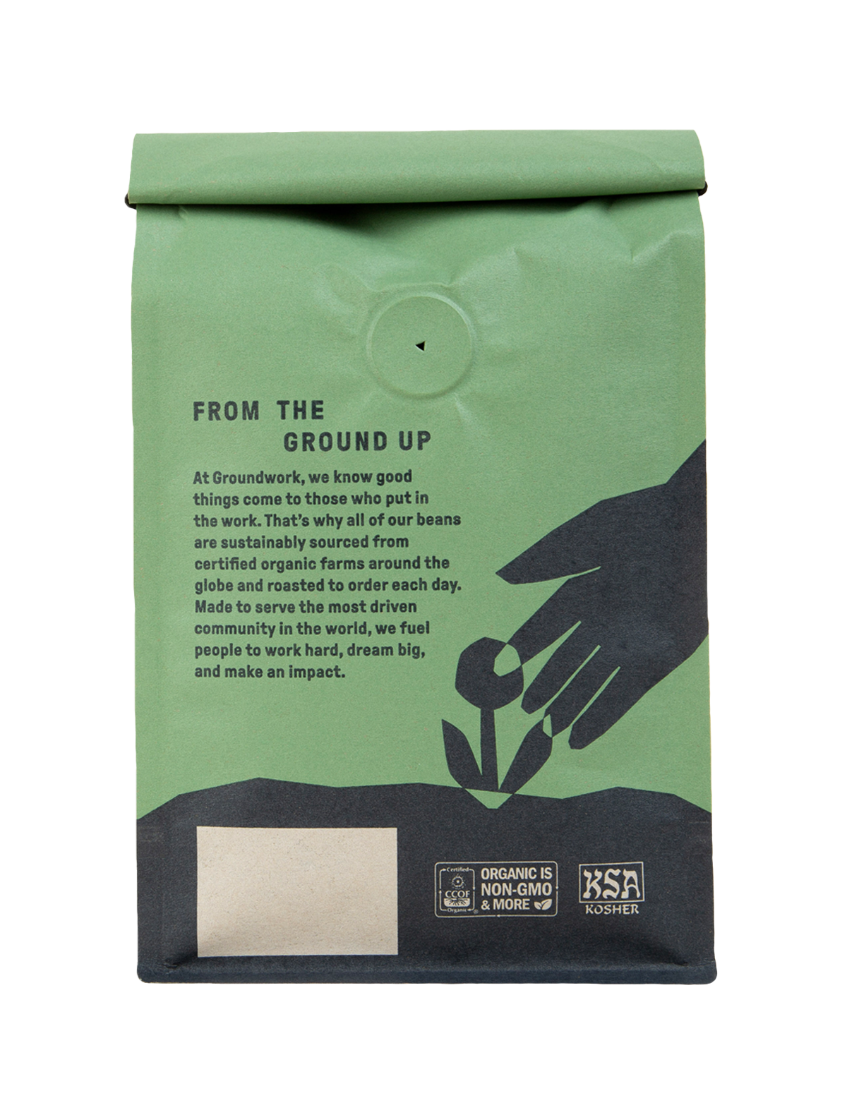 A green bag of Groundwork Coffee’s Colombia: AMUCC Fair Trade features black hands cradling a sprout. Light roast with tangerine, milk chocolate notes. Highlights organic, sustainable, Kosher, non-GMO.