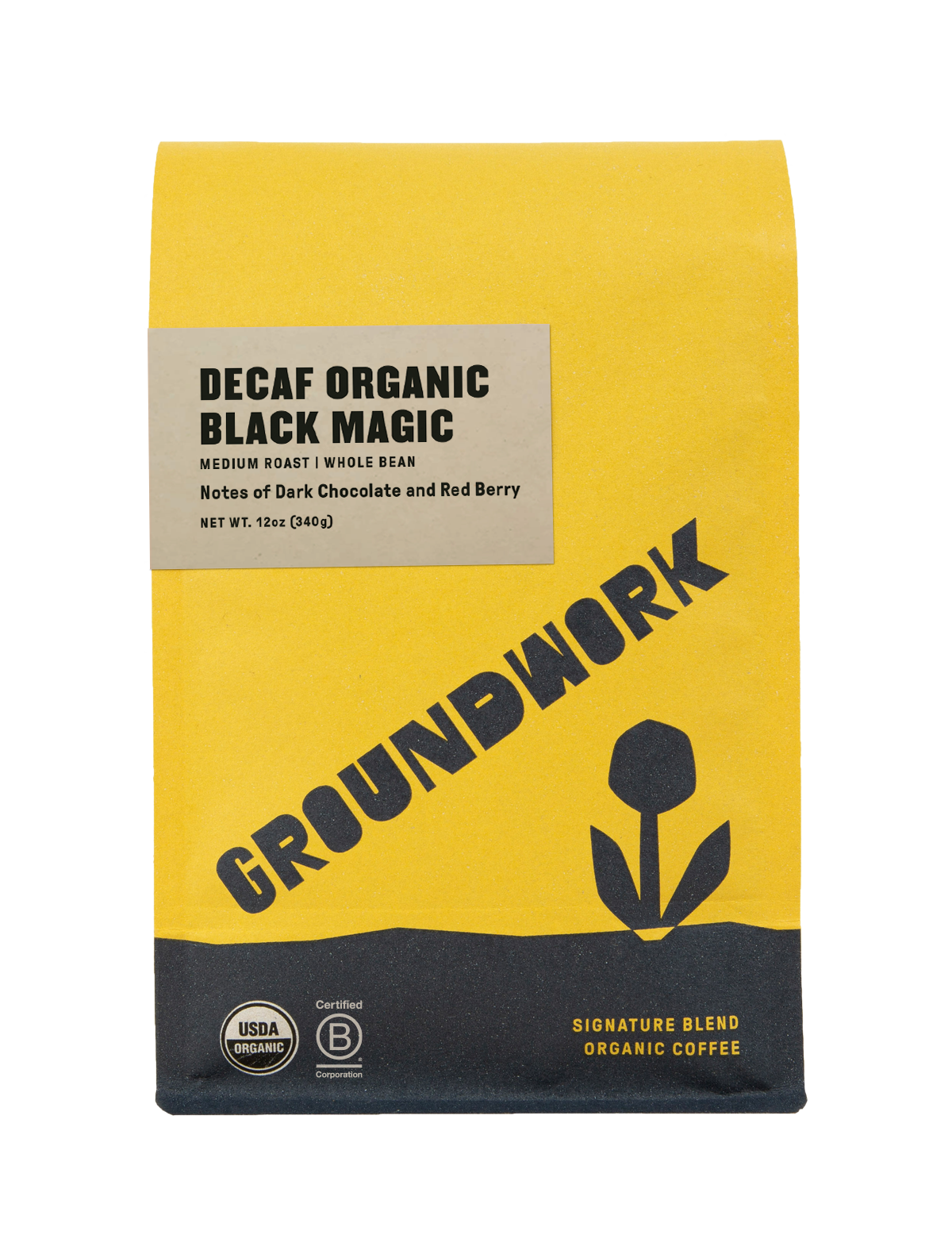 A yellow bag of Groundwork Decaf Black Magic Espresso, whole bean with black text, a flower graphic, and dark chocolate and red berry notes.