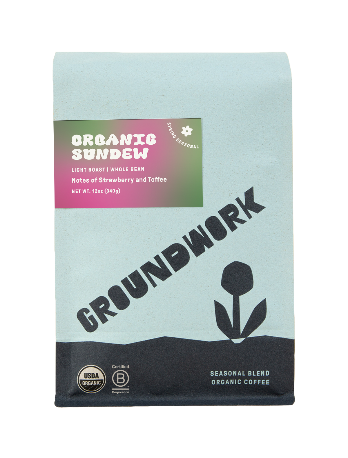 A light blue bag of Groundwork Coffee's Seasonal Select: Sundew, a seasonal blend with strawberry and toffee notes, featuring a simple flower graphic.