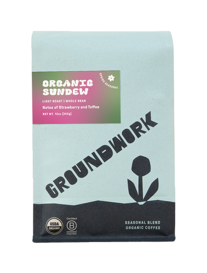 A light blue bag of Groundwork Coffee's Seasonal Select: Sundew, a seasonal blend with strawberry and toffee notes, featuring a simple flower graphic.