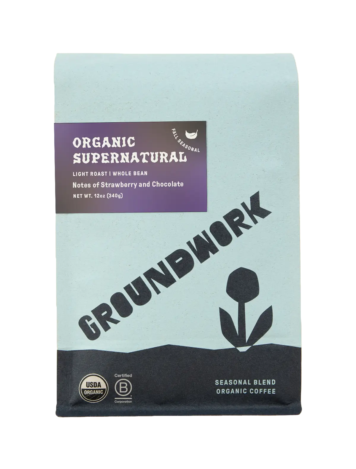 Light blue bag of Groundwork Coffee's Seasonal Select: Supernatural, a light roast with chocolate and strawberry notes, flower art, and certification badges.