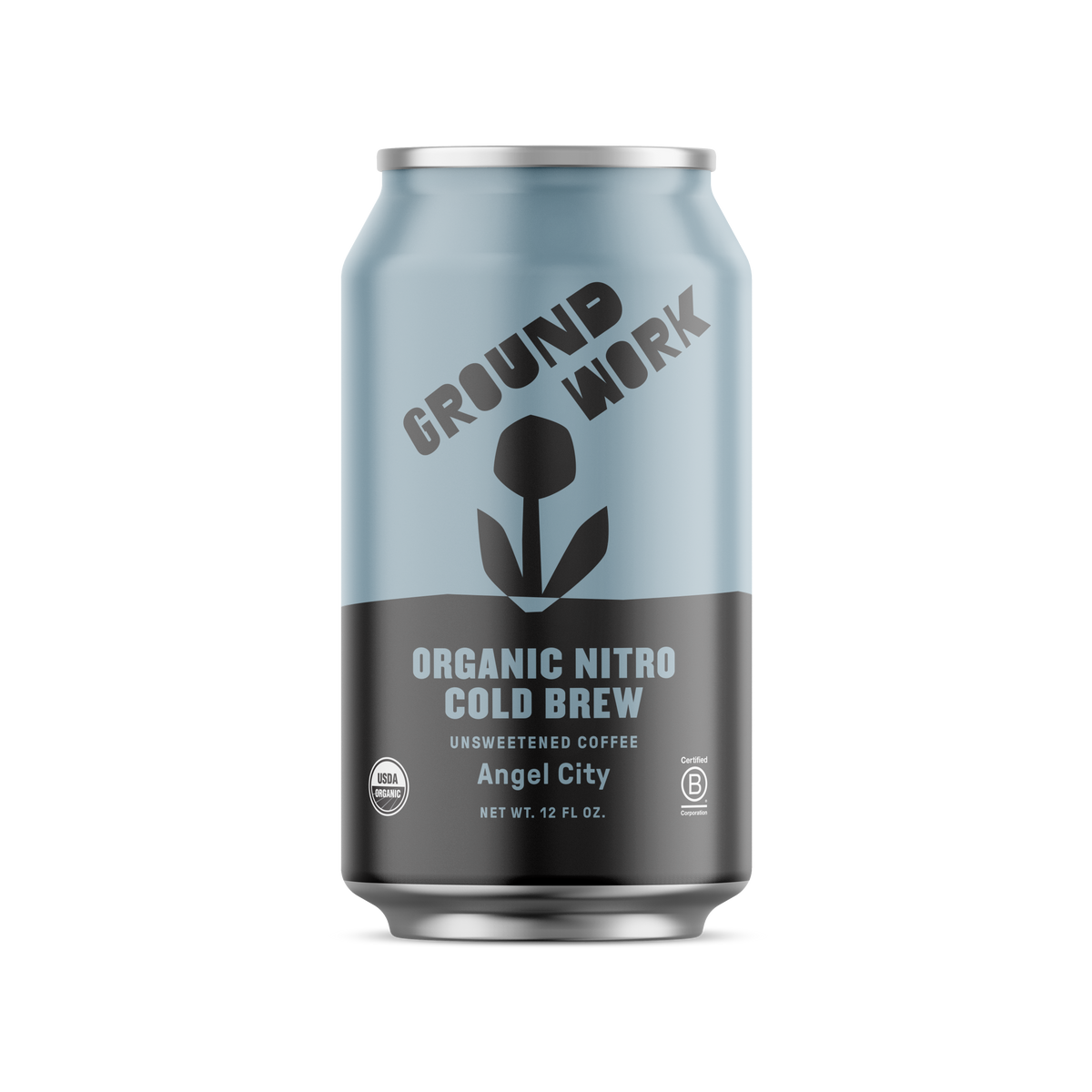 A silver and light blue 12 fl oz can of Groundwork Coffee Organic Angel City Nitro Cold Brew features a stylized plant graphic and offers a pure, creamy texture.