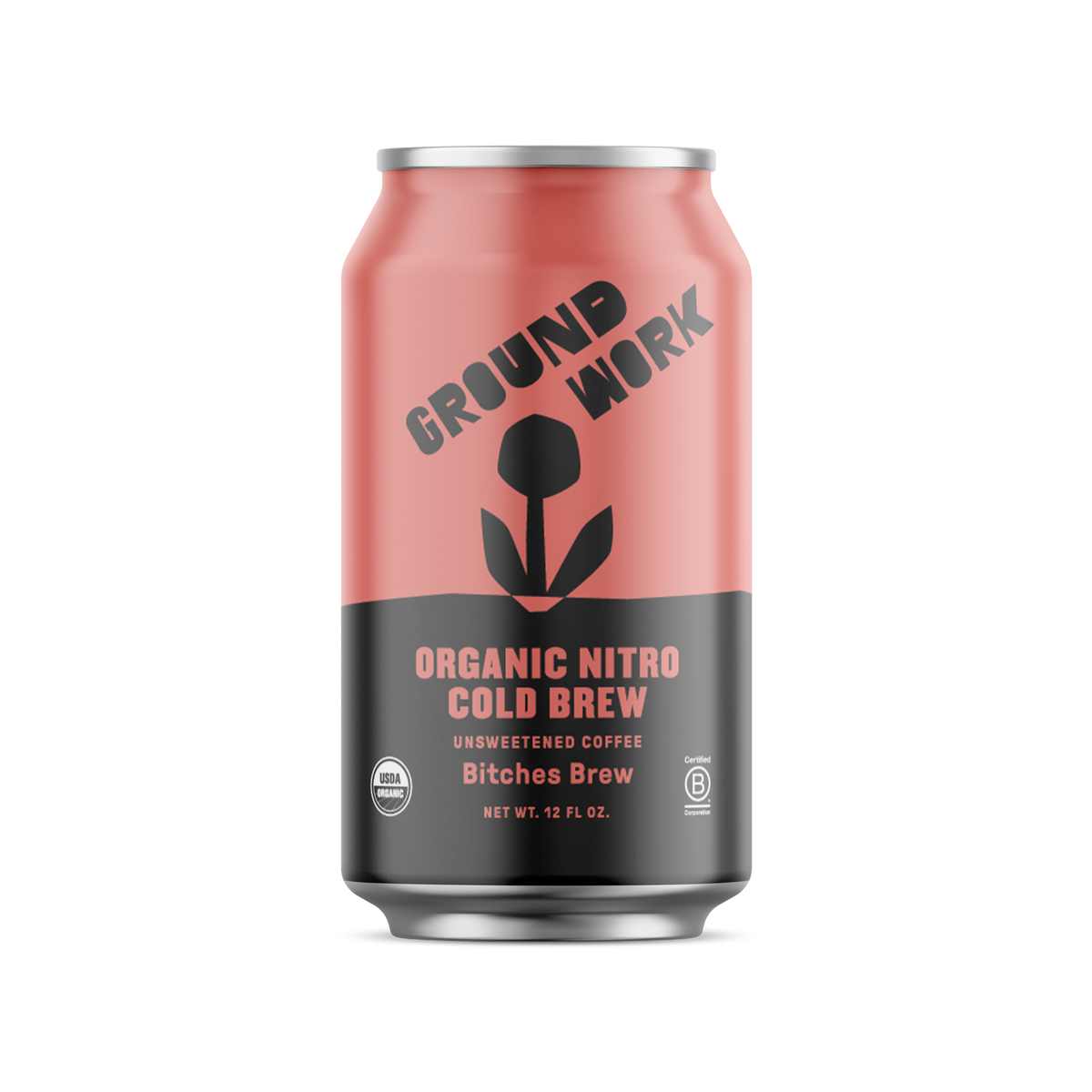 Enjoy a can of Organic Bitches Brew Nitro Cold Brew by Groundwork Coffee Co—unsweetened, with bold red and black design and a stylized flower graphic.