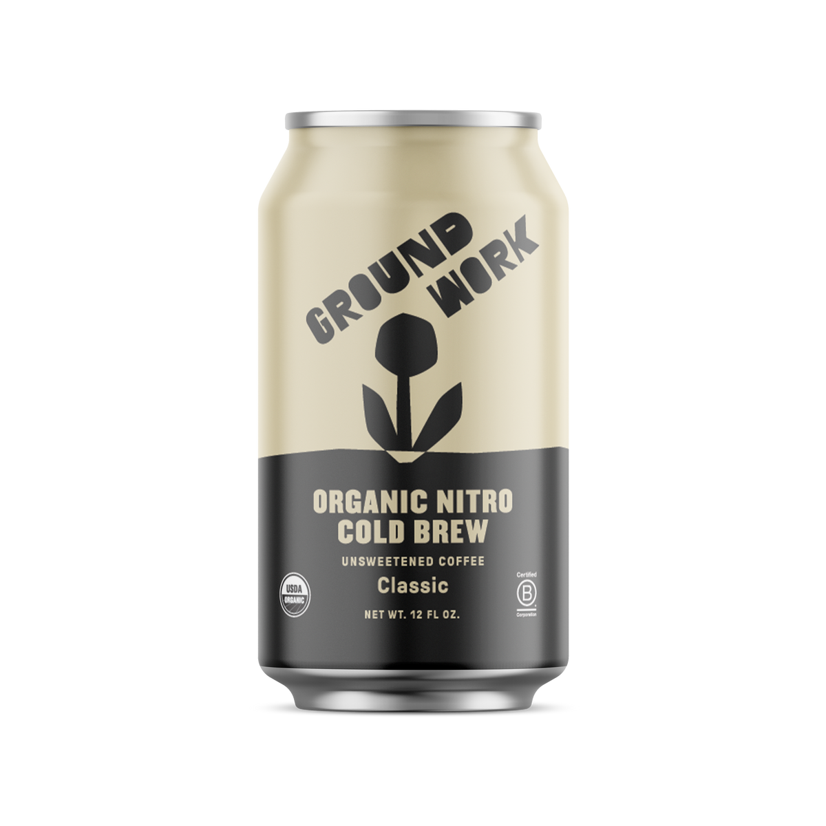 Groundwork Coffee Co Organic Classic Nitro Cold Brew is an unsweetened, creamy coffee in a beige and black can with a plant graphic—ideal for coffee lovers.
