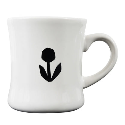 The Groundwork Classic Diner Mug by Groundwork Coffee features a black tulip design, curved handle, and is both microwave and dishwasher safe.