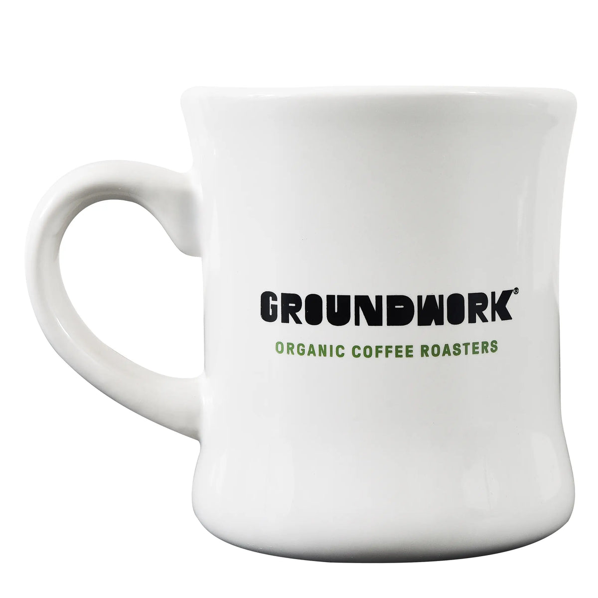 The Groundwork Coffee Classic Diner Mug is a white ceramic mug, microwave and dishwasher safe, with bold black GROUNDWORK and green ORGANIC COFFEE ROASTERS on the front.