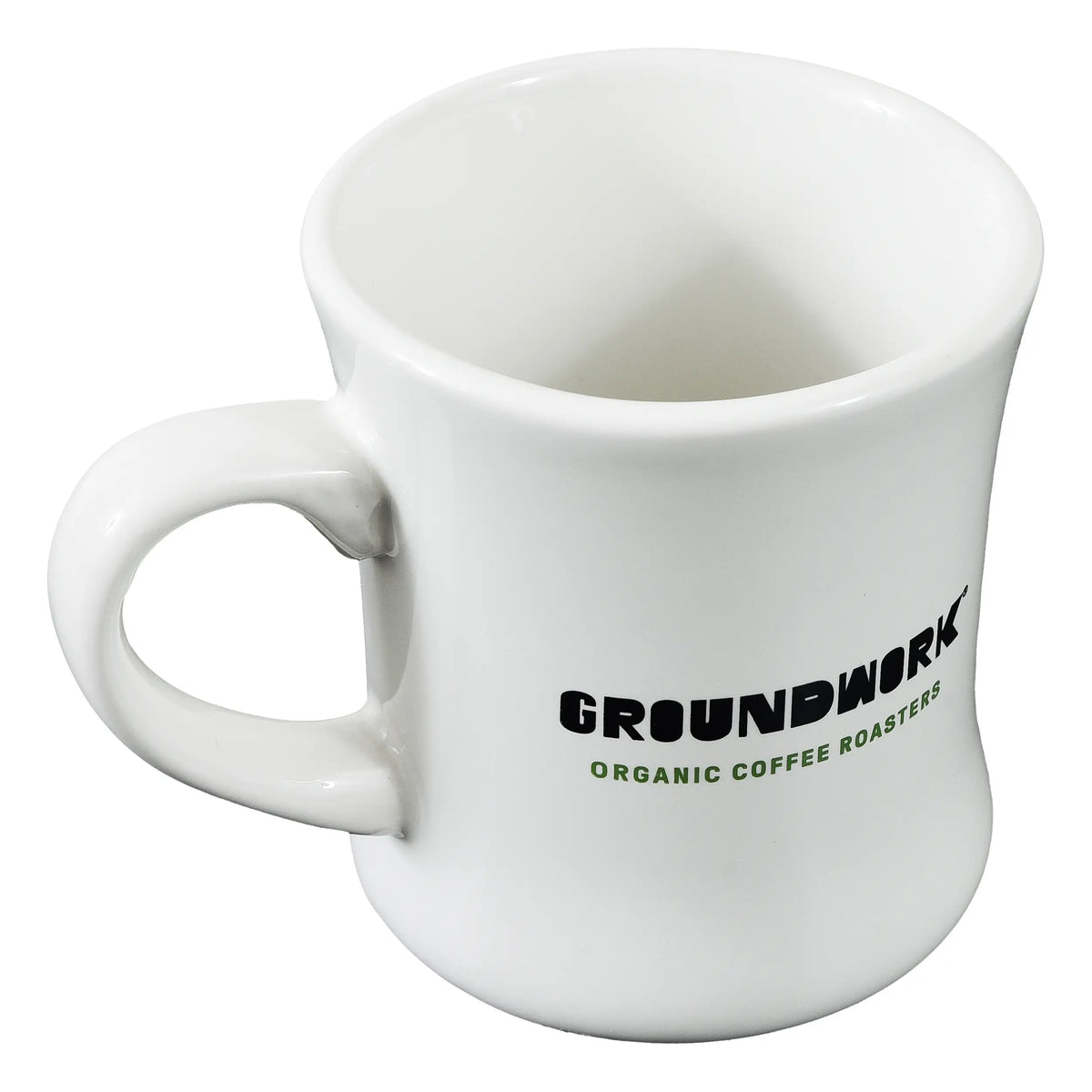 Groundwork Coffee's Classic Diner Mug is a white ceramic, microwave- and dishwasher-safe mug with "GROUNDWORK ORGANIC COFFEE ROASTERS" in black and green text.