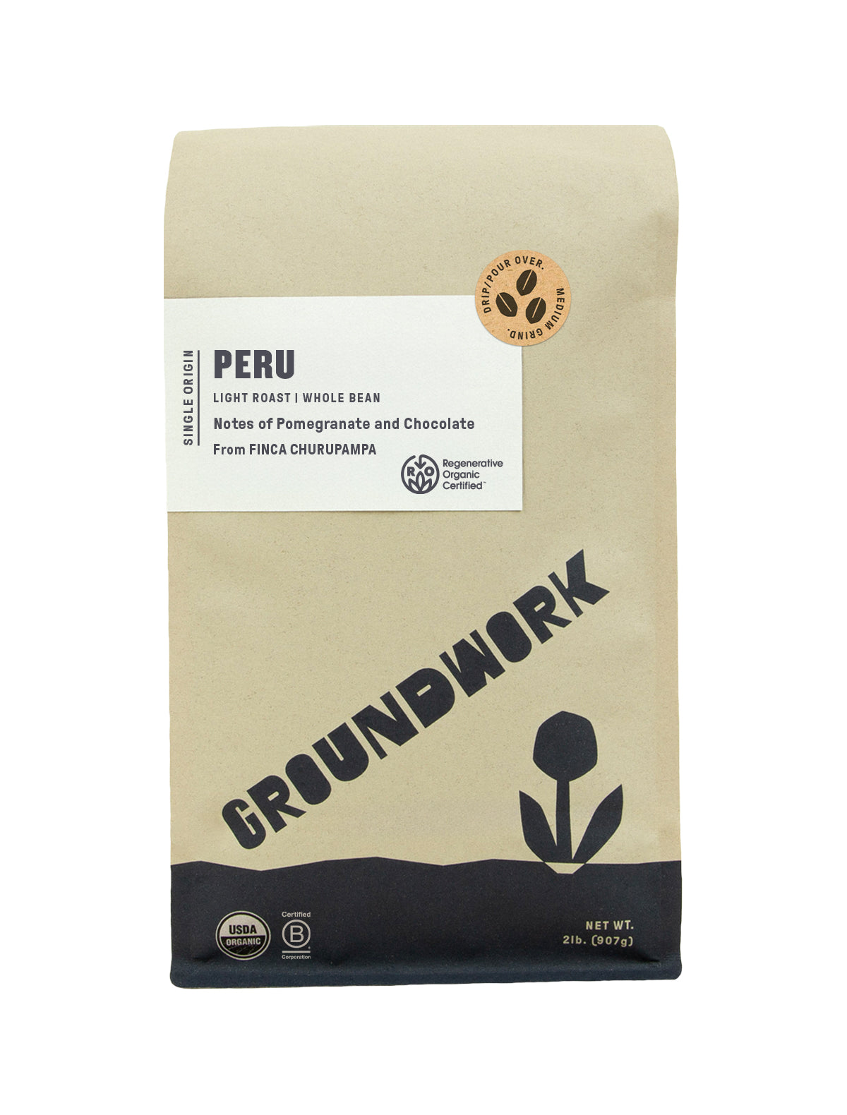 A brown bag of Groundwork Coffee’s Regenerative Organic Certified® Peru FINCA CHURUPAMPA, with pomegranate and chocolate notes, black graphics, and certification logos at the bottom.