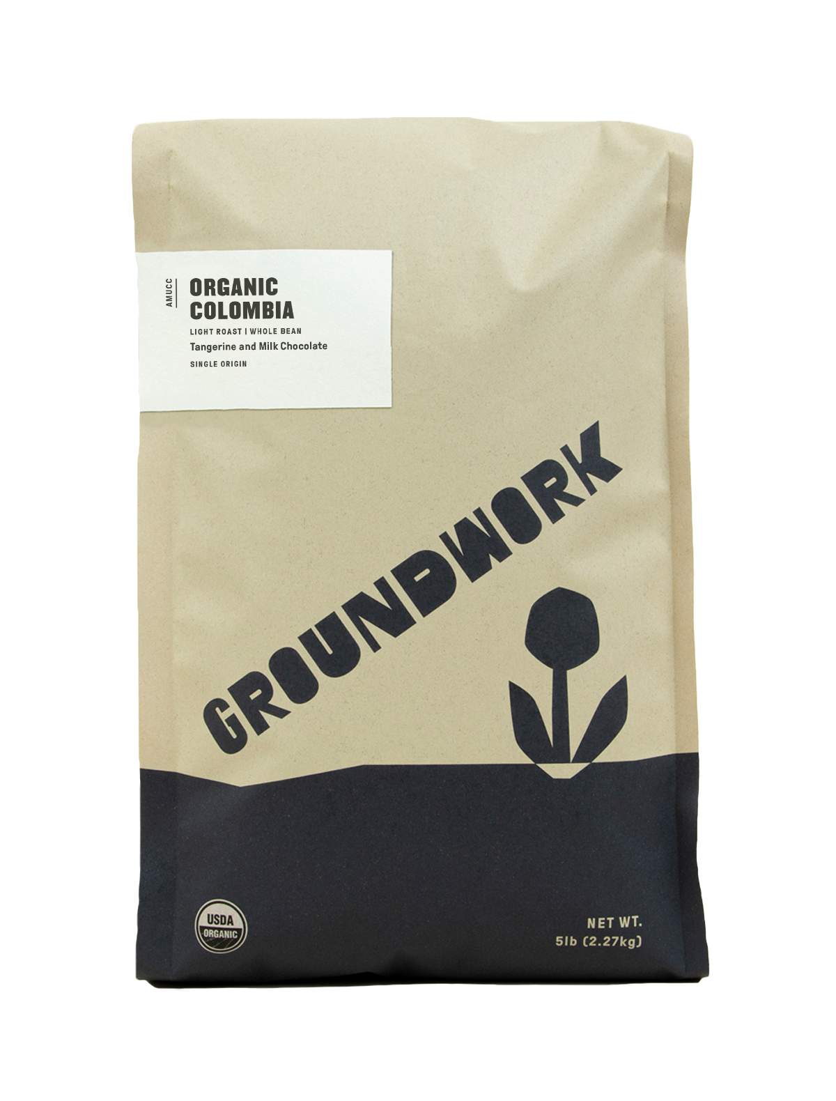 A 5-lb brown bag of Groundwork Coffees Colombia: AMUCC Fair Trade, with simple black text, a flower graphic, and notes of tangerine and milk chocolate.
