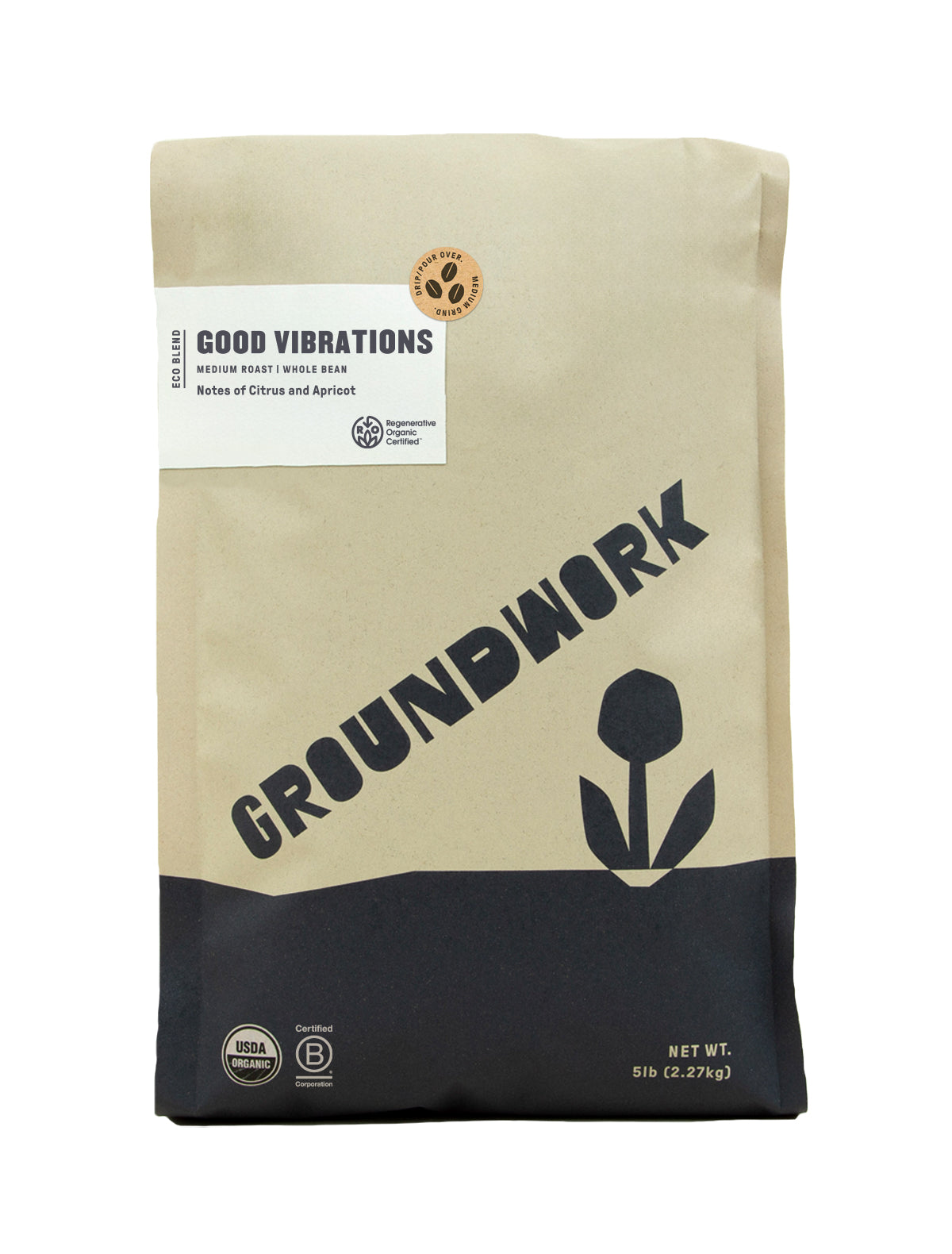 A 5lb bag of Groundwork Coffee’s Regenerative Organic Certified® Good Vibrations, medium roast whole bean with citrus notes, in tan and black packaging featuring a flower graphic.