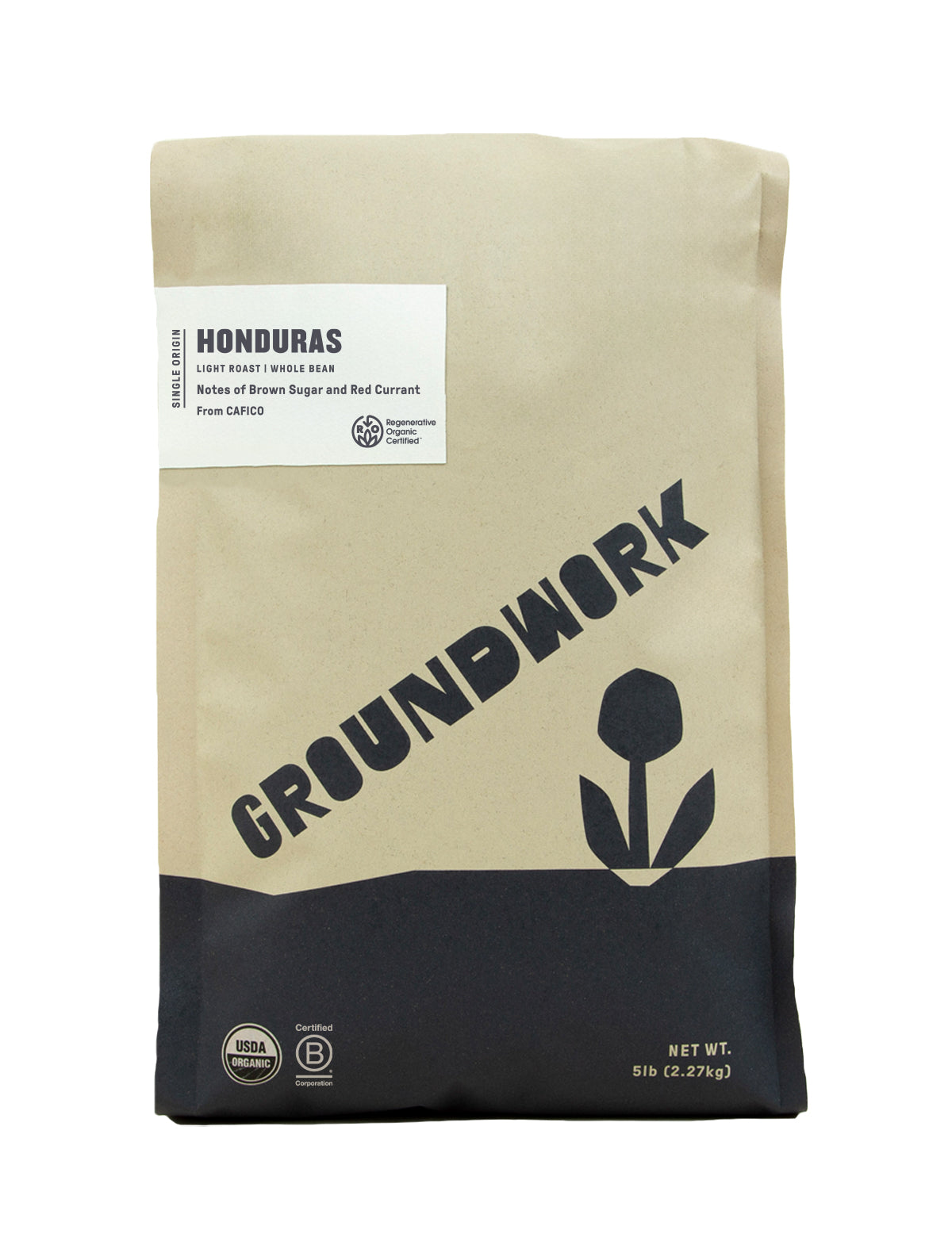 A 5lb brown bag of Groundwork Coffee Regenerative Organic Certified® Honduras CAFICO whole bean with flower logo, labeled notes of brown sugar and red currant.