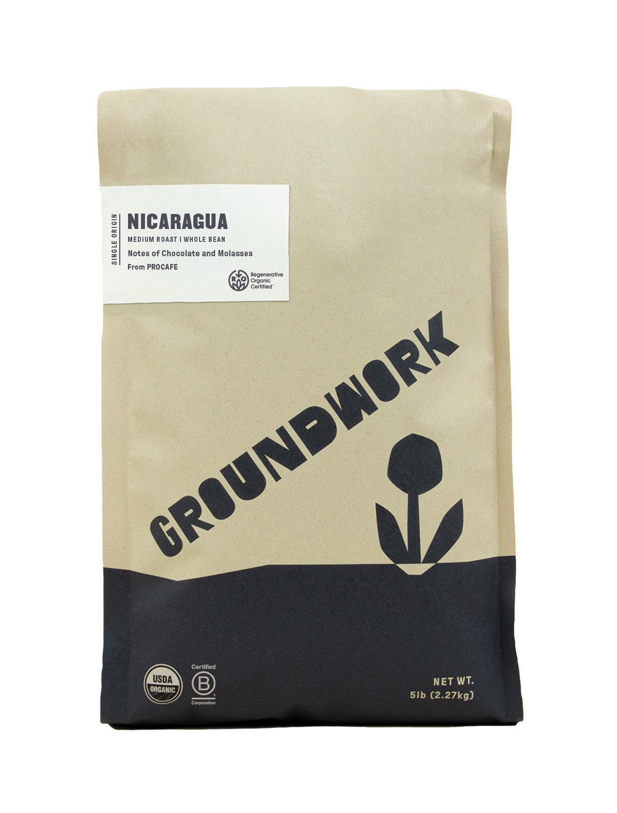 A 5 lb bag of Groundwork Coffee’s Regenerative Organic Certified® Nicaragua PROCAFE whole beans features chocolate and molasses notes and a simple tan-and-black design with a flower graphic.