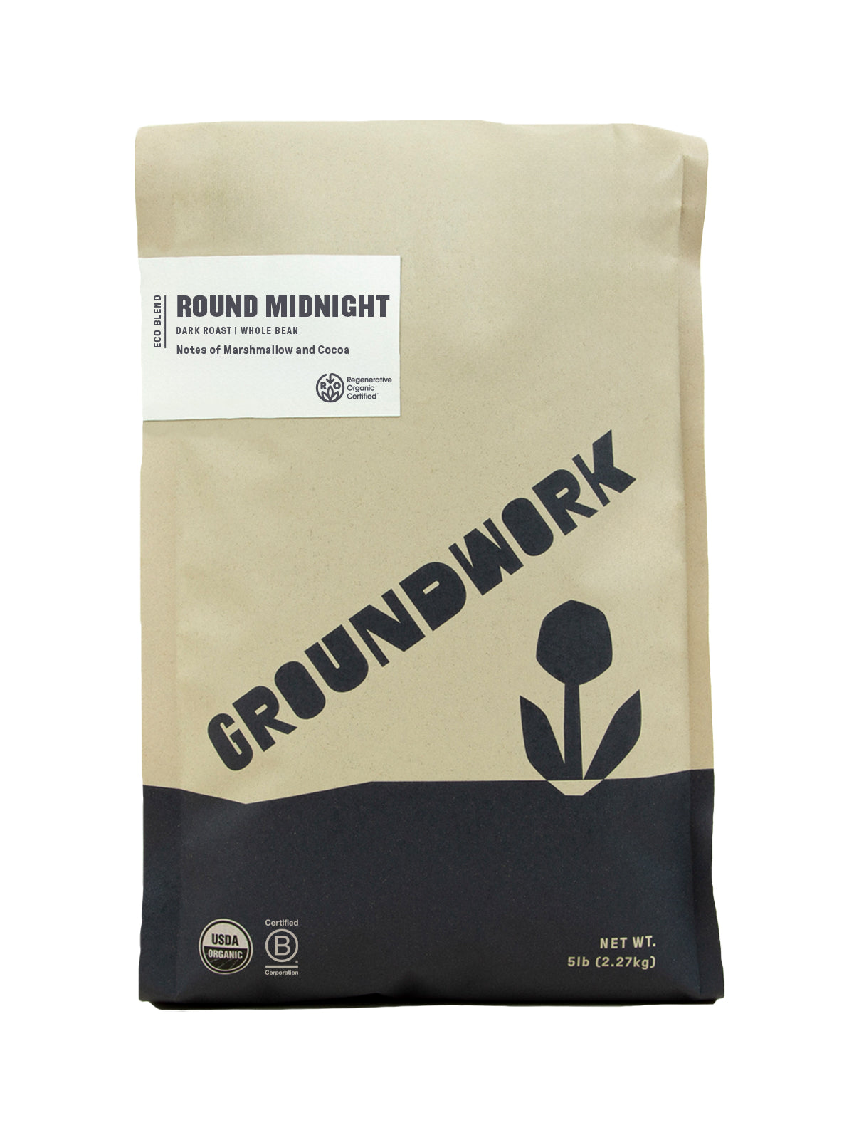 A brown 5 lb bag of Groundwork Coffee Regenerative Organic Certified® Round Midnight Dark Roast with marshmallow and cocoa notes, USDA Organic seal, and black flower graphic.