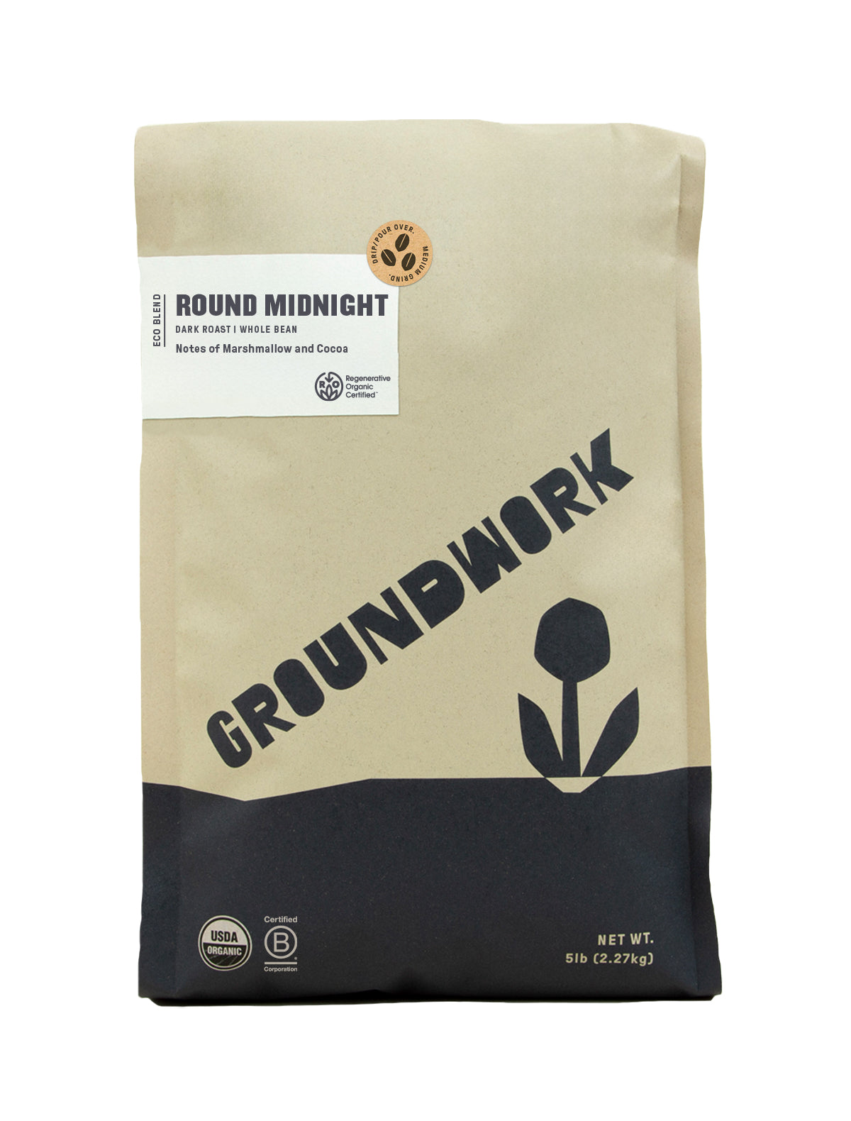 A 5 lb bag of Groundwork Coffee's Regenerative Organic Certified® Round Midnight features dark roast whole beans with marshmallow and cocoa notes.