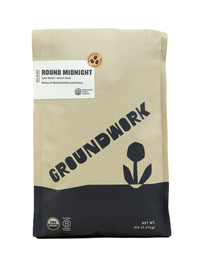 A 5 lb bag of Groundwork Coffee's Regenerative Organic Certified® Round Midnight features dark roast whole beans with marshmallow and cocoa notes.