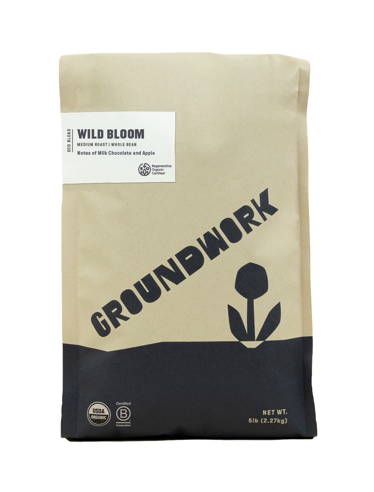 A beige and black 5 lb bag of Groundwork Coffee’s Regenerative Organic Certified® Wild Bloom whole beans with milk chocolate and apple notes, featuring a flower graphic.