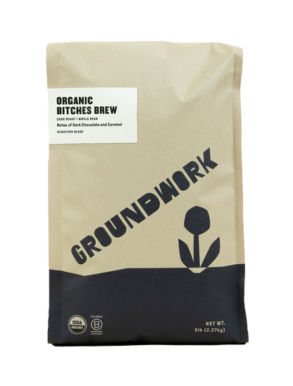 A 5lb brown and black bag of Groundwork Coffee's Bitches Brew, a dark roast with rich dark chocolate and caramel notes.