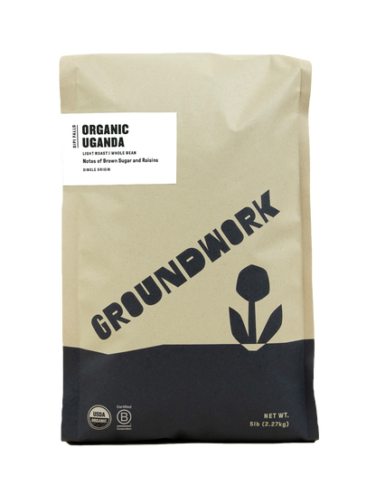 A 5lb brown bag of Groundwork Coffee Uganda: Bugisu Sipi Falls Project light roast, whole beans. White label with black text and flower graphic; notes of brown sugar and raisins.