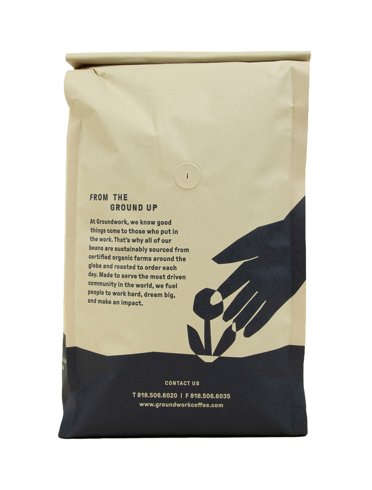 A beige bag of Groundwork Coffees Colombia: AMUCC Fair Trade Light Roast, featuring a hand nurturing a coffee plant. Notes of milk chocolate and tangerine. Contact info at the bottom.