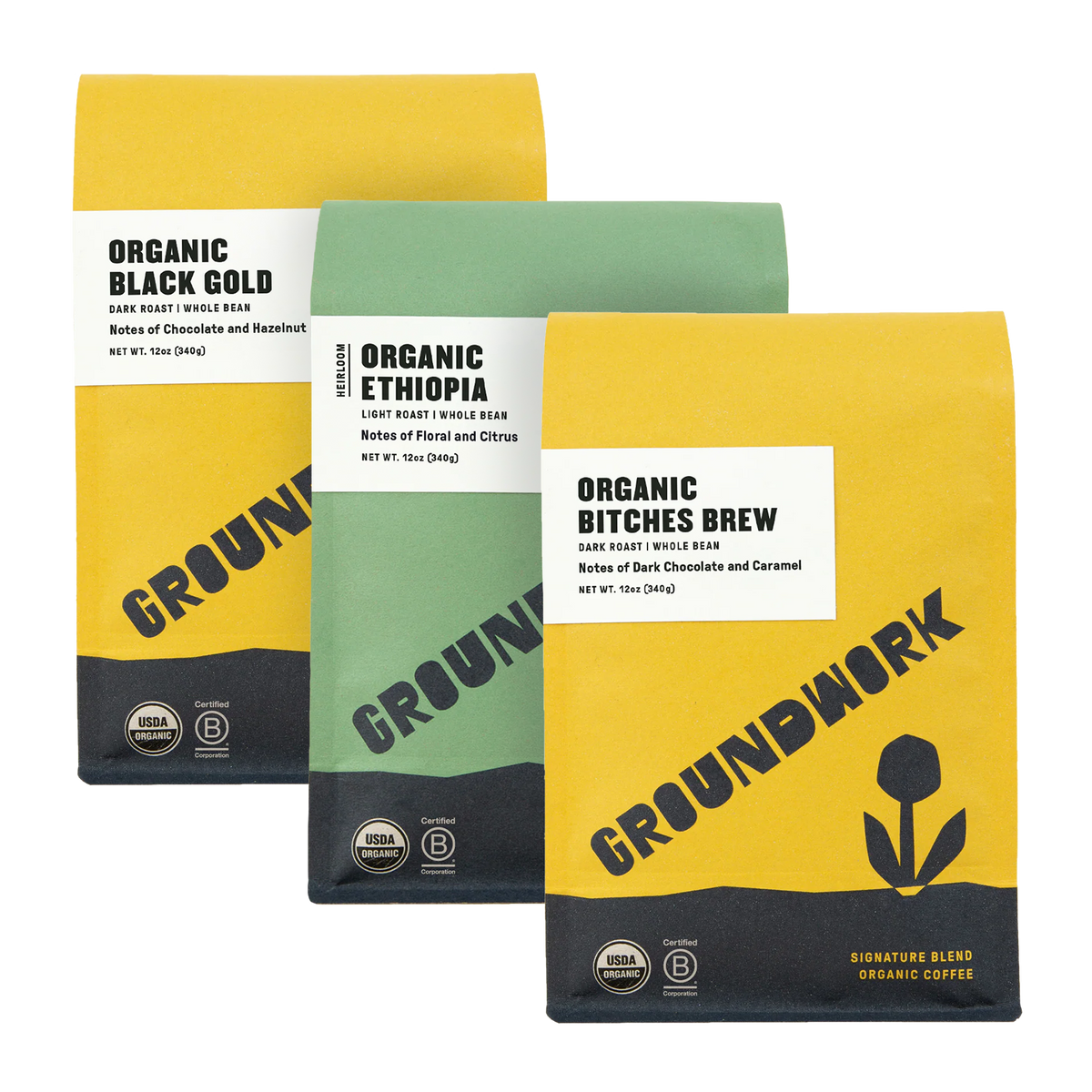 Groundwork Coffee’s Best-Sellers Coffee Bundle displays three colorful bags—Black Gold, Ethiopia, and Bitches Brew—with tasting notes and USDA organic logos.