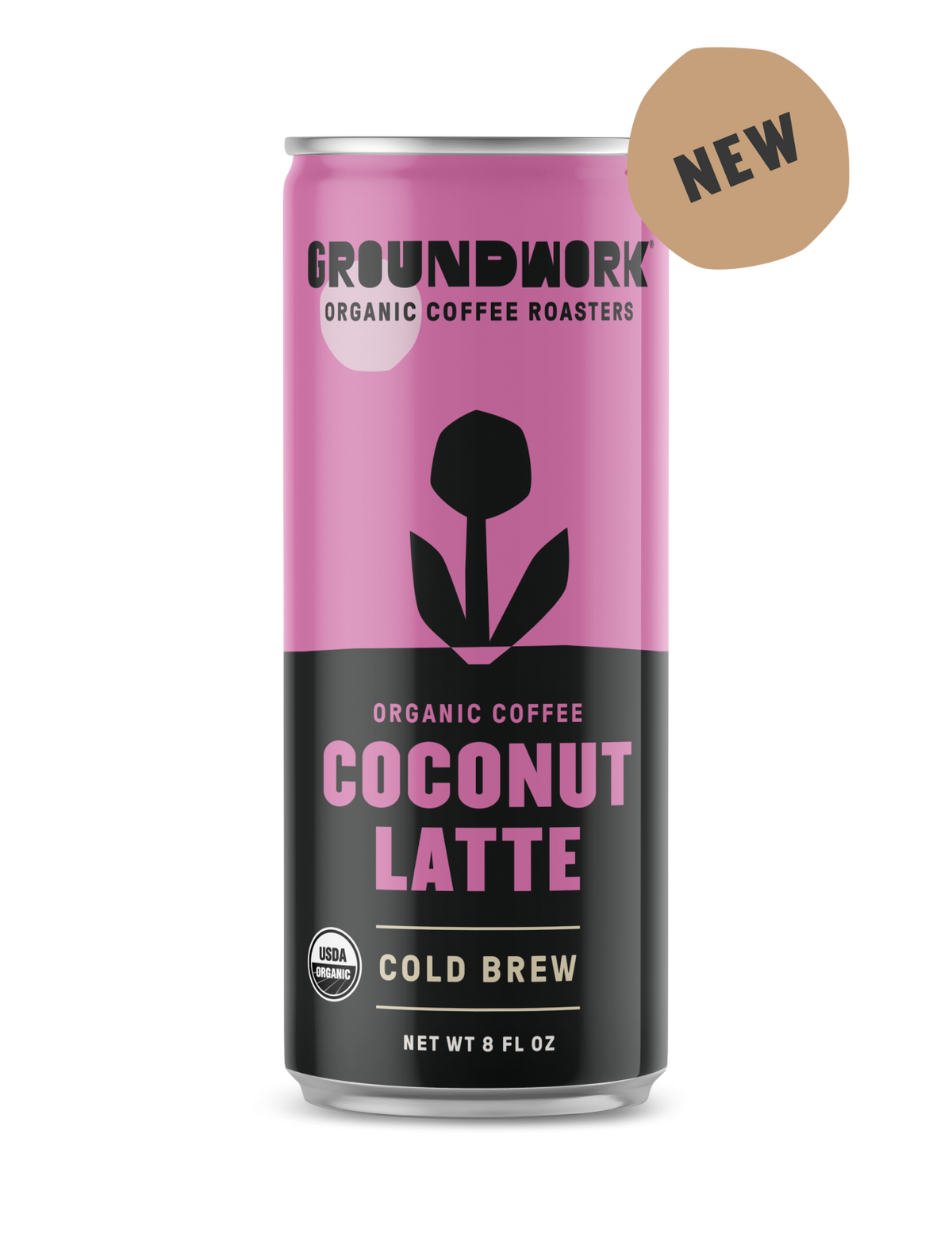 A can of Groundwork Coffee Organic Cold Brew Latte with a pink and black label and a NEW badge in the top right corner.
