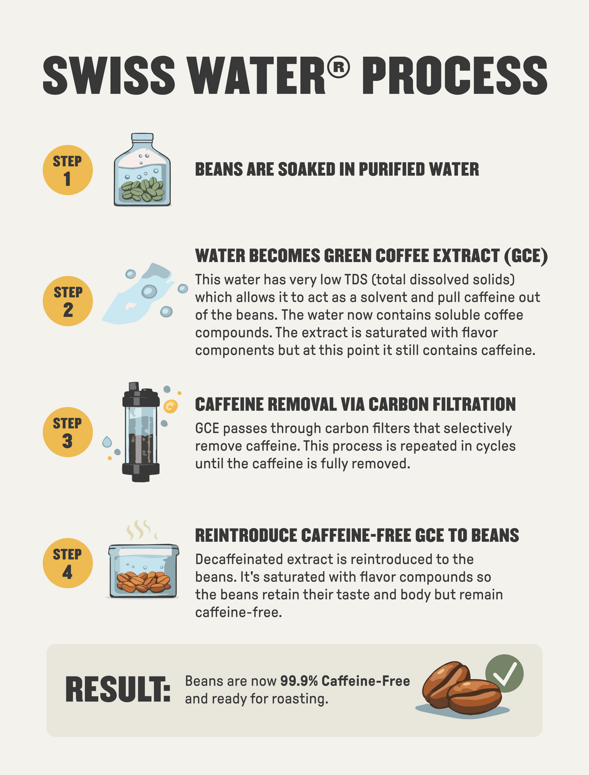 Infographic showing Groundwork Coffee’s Decaf Angel City Swiss Water® process in four steps, ending with smooth, light roast beans that are 99.9% caffeine-free.