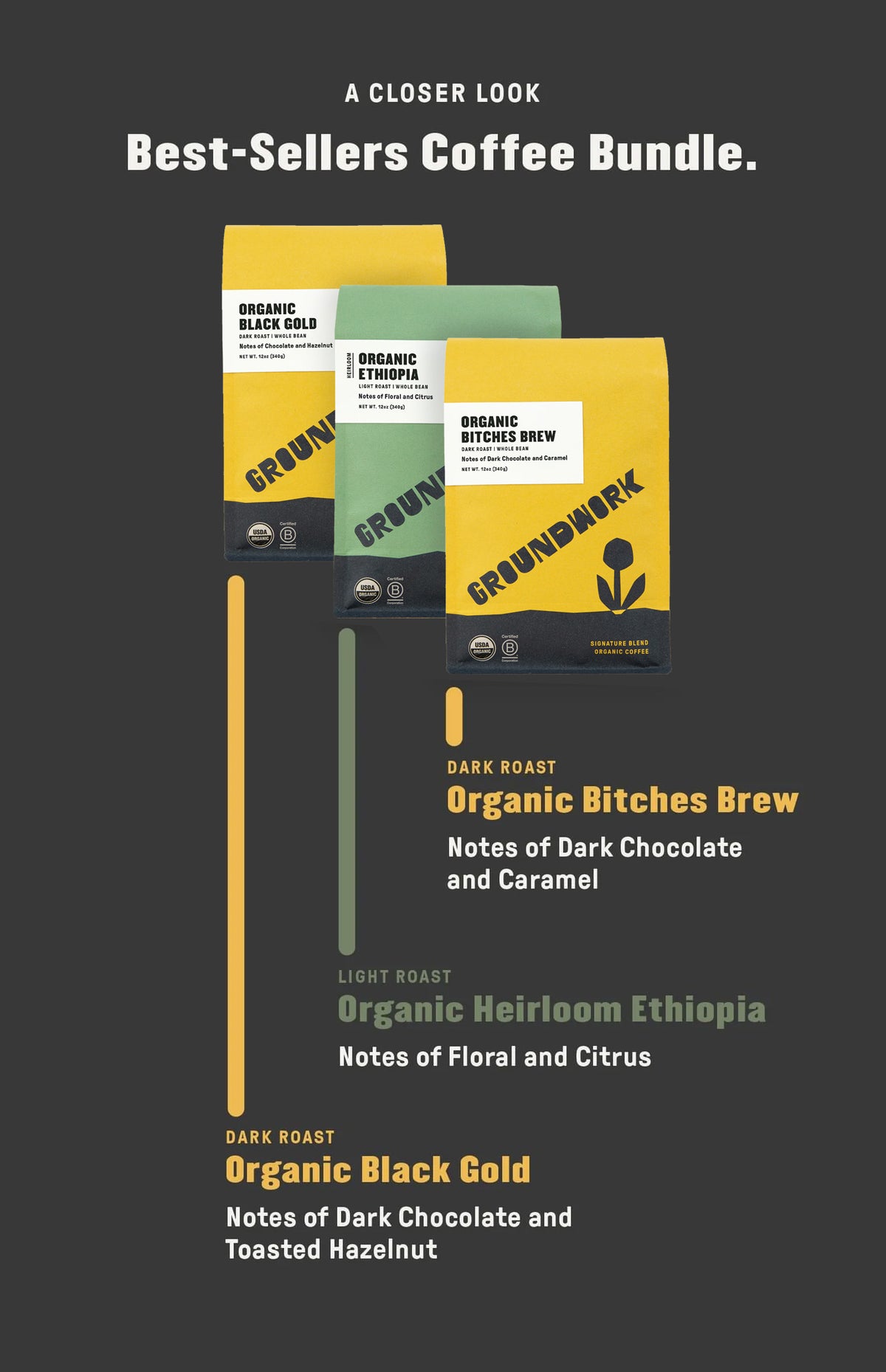 Groundwork Coffee’s Best-Sellers Coffee Bundle includes three bags: Organic Bitches Brew, Ethiopia Heirloom, and Organic Black Gold.