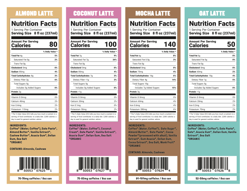 Four nutrition labels for Organic Cold Brew Latte by Groundwork Coffee, each showing calories, low sugar, ingredients, and nutrition for an 8 oz serving.