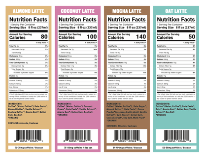 Four nutrition labels for Organic Cold Brew Latte by Groundwork Coffee, each showing calories, low sugar, ingredients, and nutrition for an 8 oz serving.