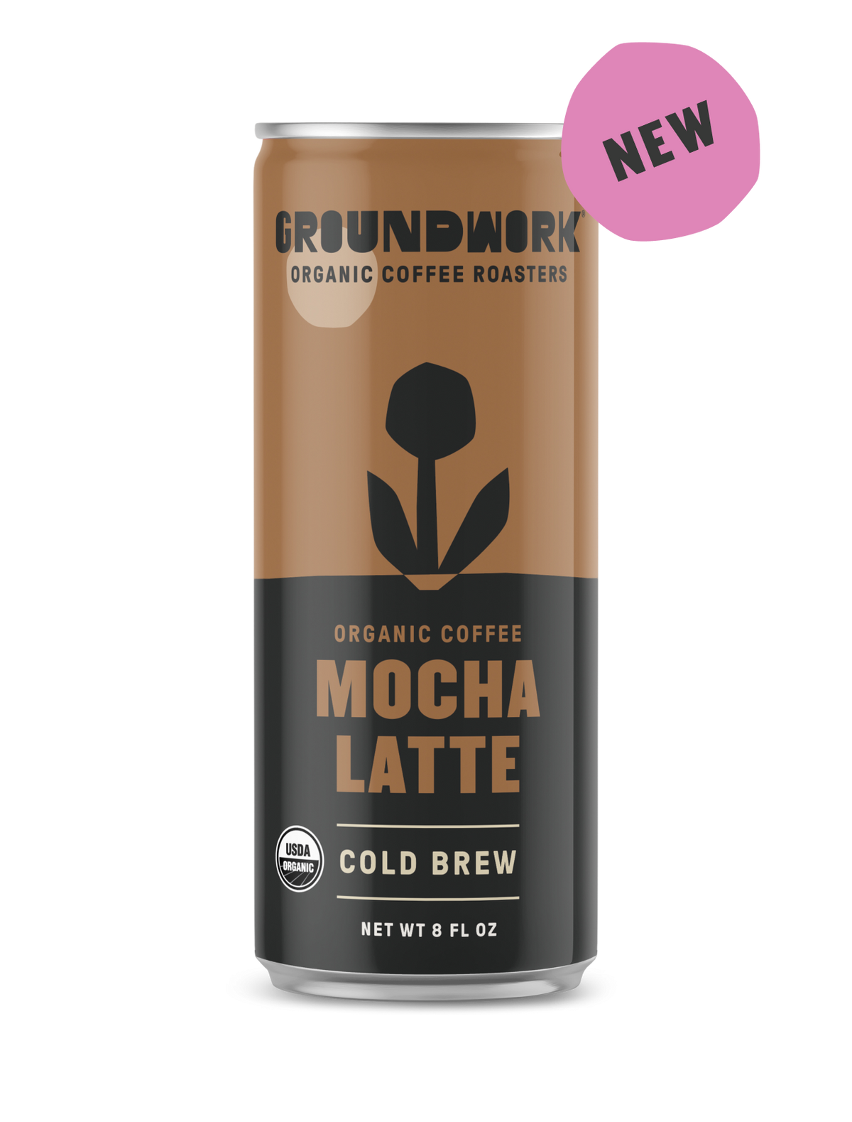 An 8 fl oz can of Groundwork Coffee Organic Cold Brew Latte with a black flower graphic and a pink "NEW" label in the top right corner.