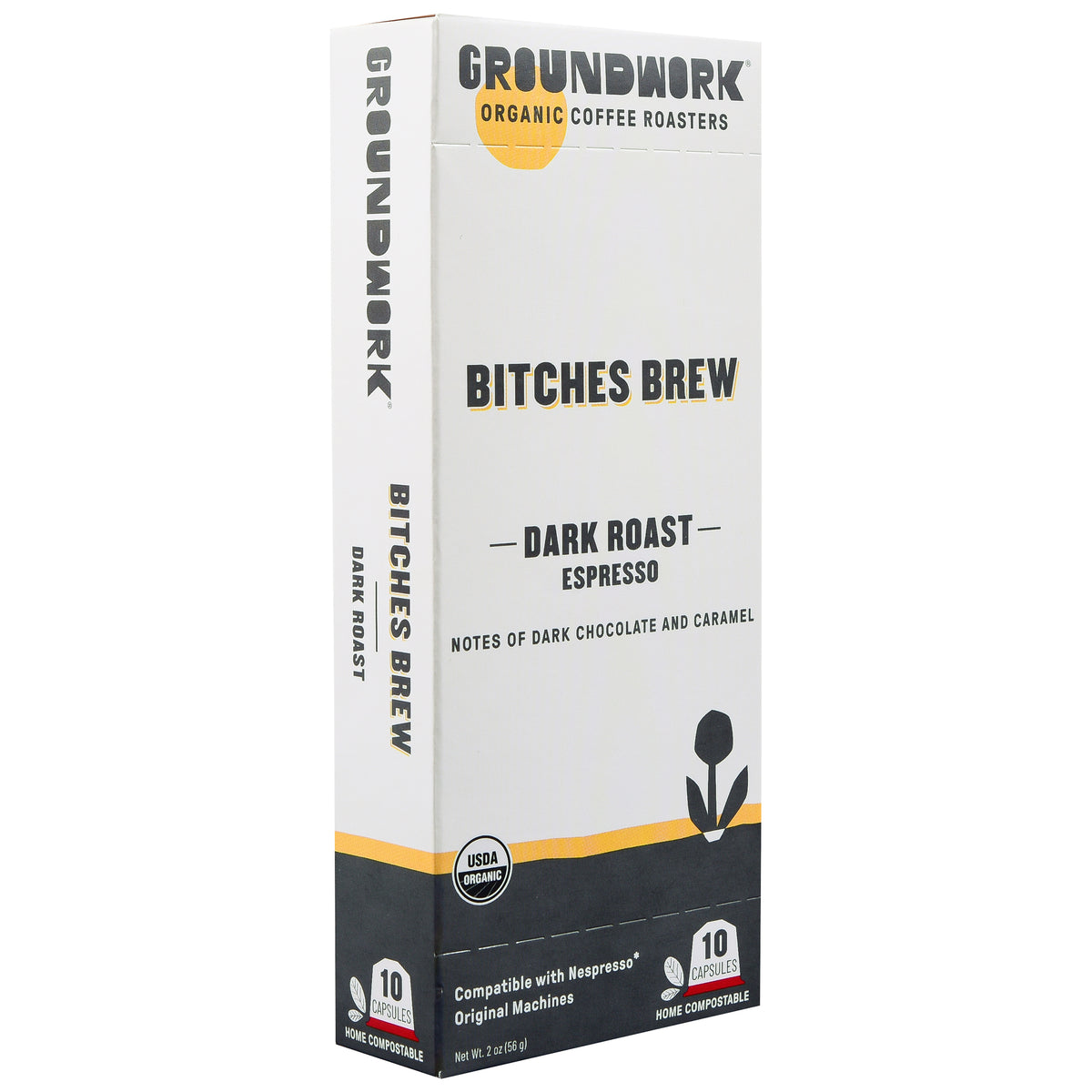 Groundwork Coffee Bitches Brew - Nespresso® dark roast espresso pods, 10 count, notes of dark chocolate & caramel, compostable, USDA Organic.