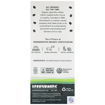 Back of a Groundwork Coffee Nespresso® Variety Pack showing organic coffee in certified compostable espresso pods, with focus on soil health, animal welfare, and social fairness.