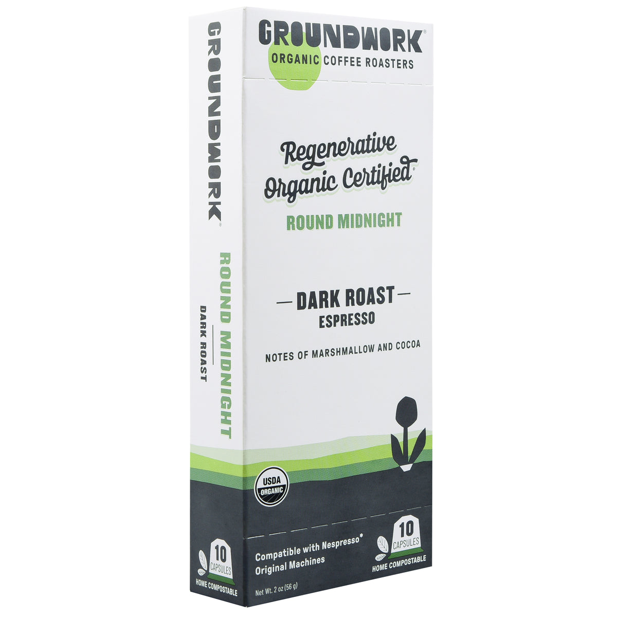 A box of Regenerative Organic Certified® Round Midnight Nespresso® pods—compostable coffee capsules with marshmallow and cocoa notes by Groundwork Coffee.