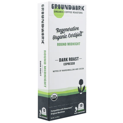 A box of Regenerative Organic Certified® Round Midnight Nespresso® pods—compostable coffee capsules with marshmallow and cocoa notes by Groundwork Coffee.