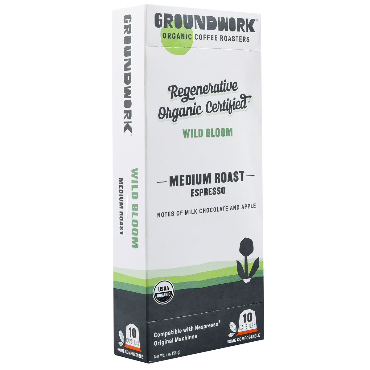 Groundwork Coffee’s Regenerative Organic Certified® Wild Bloom - Nespresso® capsules offer compostable pods with milk chocolate and apple notes.