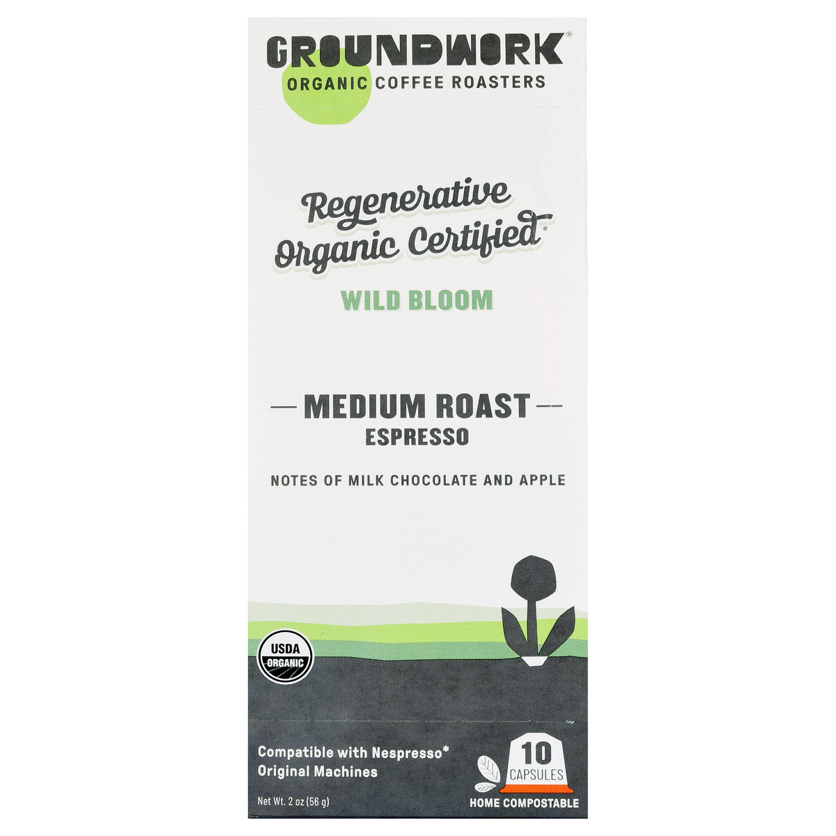 Front of a Groundwork Coffee Regenerative Organic Certified® Wild Bloom - Nespresso® box highlights organic, regenerative certification, and compostable pods.