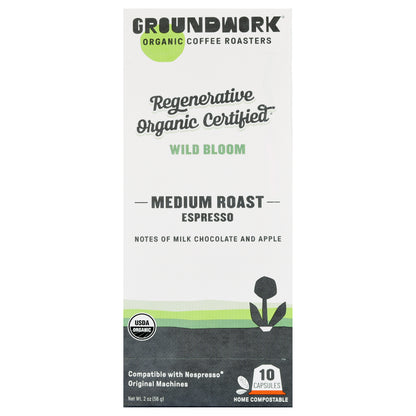 Front of a Groundwork Coffee Regenerative Organic Certified® Wild Bloom - Nespresso® box highlights organic, regenerative certification, and compostable pods.