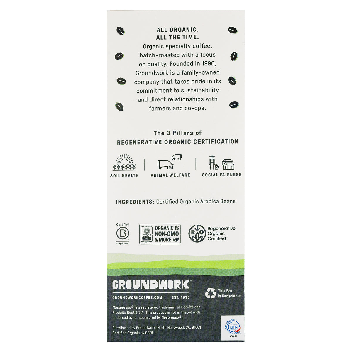 Back of a Groundwork Coffee Nespresso® Variety Pack showing organic certification, compostable espresso pods, and soil health and animal welfare logos.