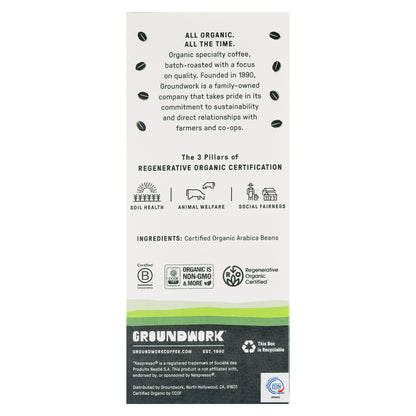 Back of a Groundwork Coffee Nespresso® Variety Pack showing organic certification, compostable espresso pods, and soil health and animal welfare logos.