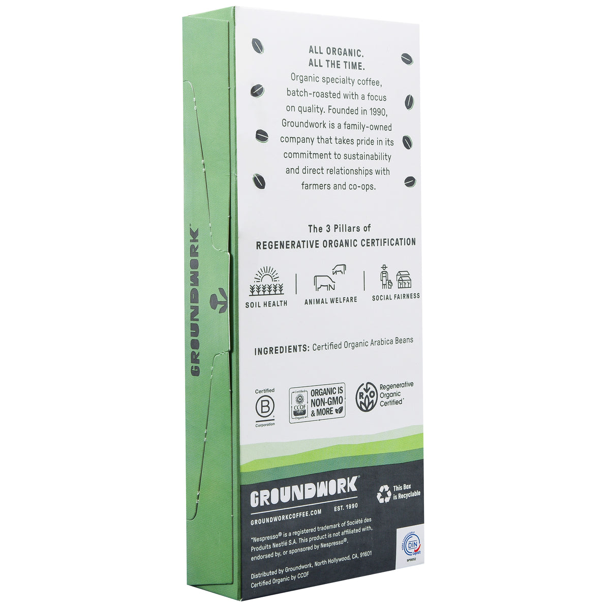 Back of Groundwork Coffee's Regenerative Organic Certified® Wild Bloom - Nespresso® package showing regenerative principles, certification text, and compostable pod logos.