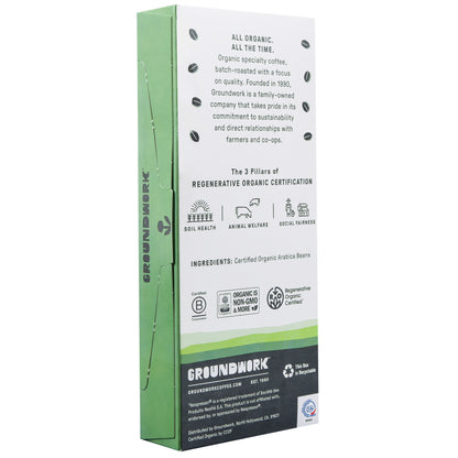 Back of Groundwork Coffee's Regenerative Organic Certified® Wild Bloom - Nespresso® package showing regenerative principles, certification text, and compostable pod logos.