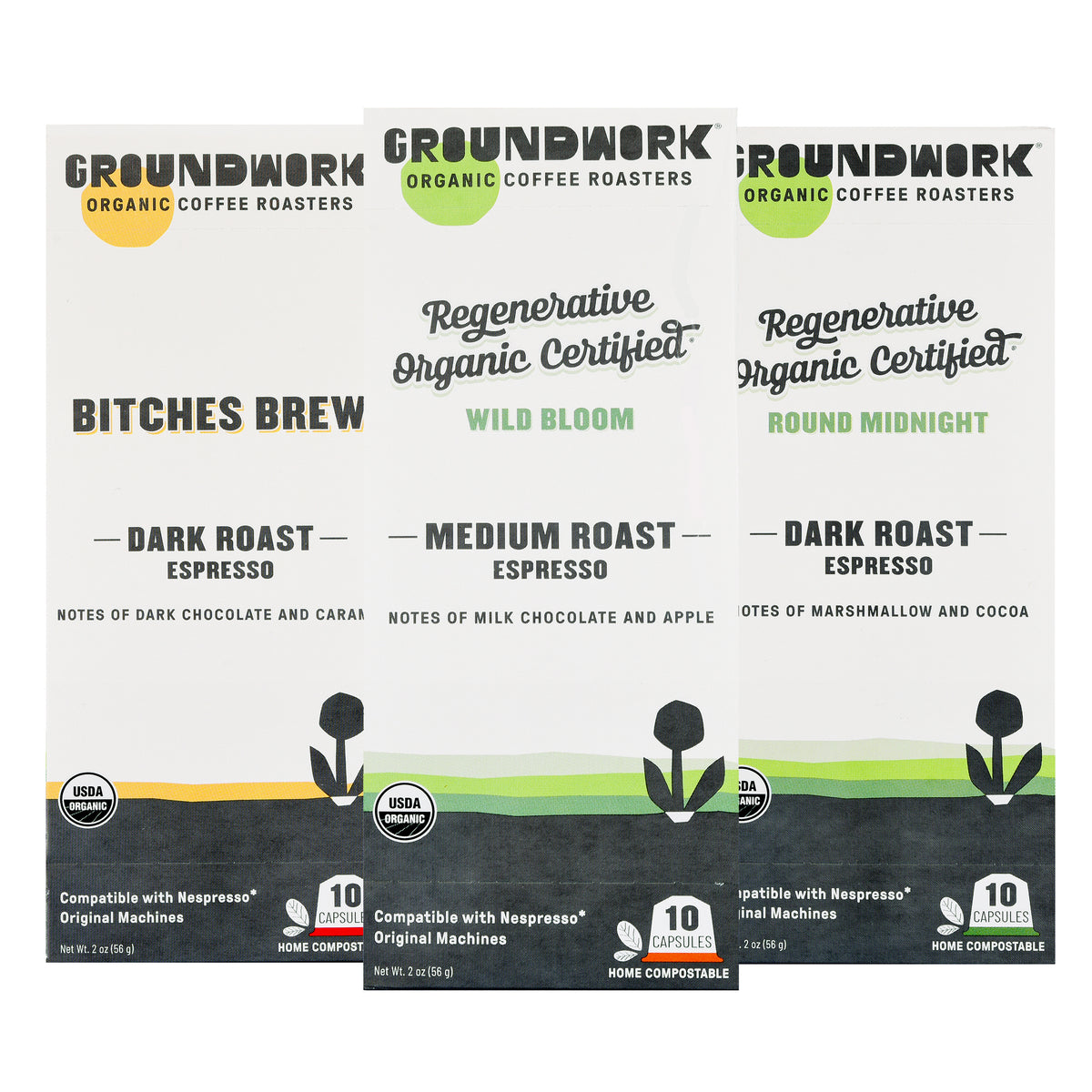 Groundwork Coffee's Nespresso® Variety Pack features certified compostable espresso pods compatible with Nespresso machines.