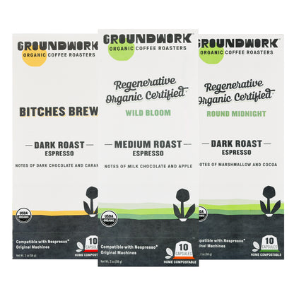 Groundwork Coffee's Nespresso® Variety Pack features certified compostable espresso pods compatible with Nespresso machines.