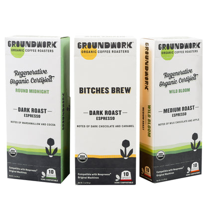 Groundwork Coffee’s Nespresso® Variety Pack features compostable espresso pods in Round Midnight, Bitches Brew, and Wild Bloom with unique roasts and tasting notes.