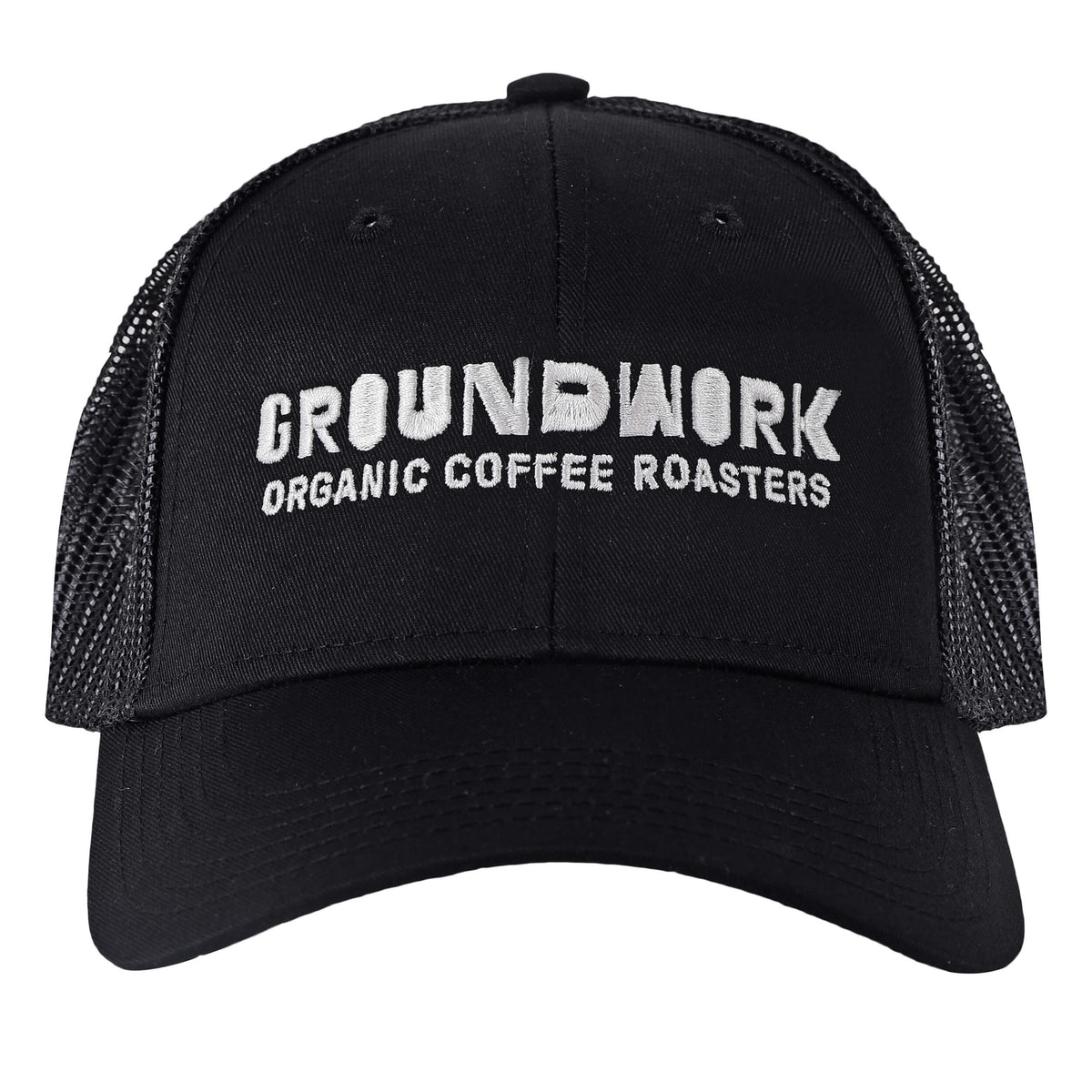 The black Groundwork Trucker Hat by Groundwork Coffee features a mesh back and white "GROUNDWORK ORGANIC COFFEE ROASTERS" embroidery on the front.