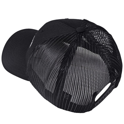 A black Groundwork Coffee Groundwork Trucker Hat with mesh back and adjustable snapback, seen from the back and slightly above.