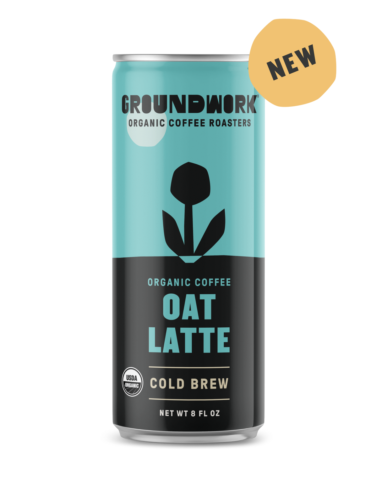 A can of Groundwork Coffee Organic Cold Brew Latte with a blue and black design, flower graphic, and yellow "NEW" label on the top right.