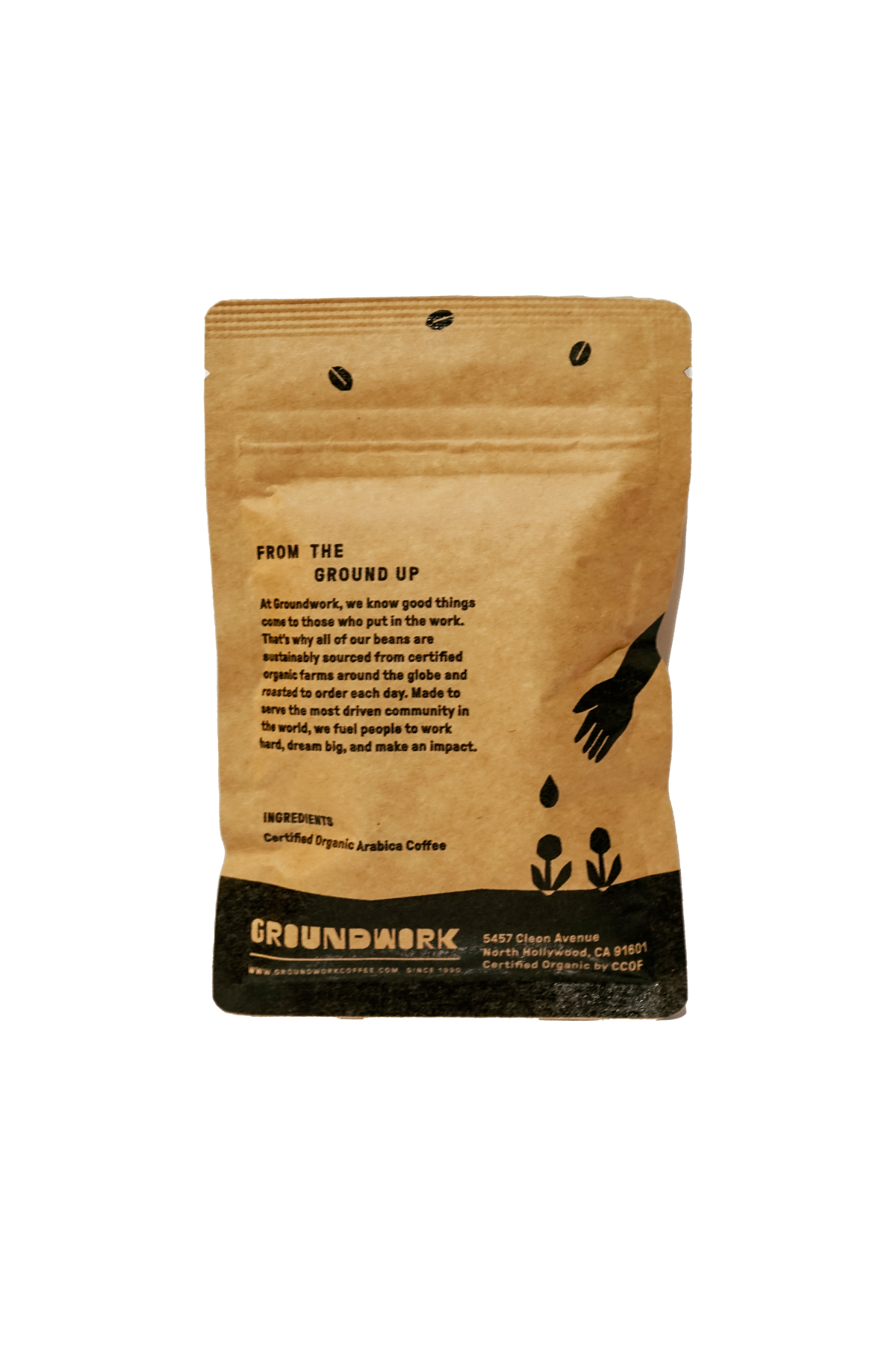 A brown Coffee Sample bag from Groundwork Coffee, featuring black text and graphics, highlights organic certified Arabica beans and Signature Blends.